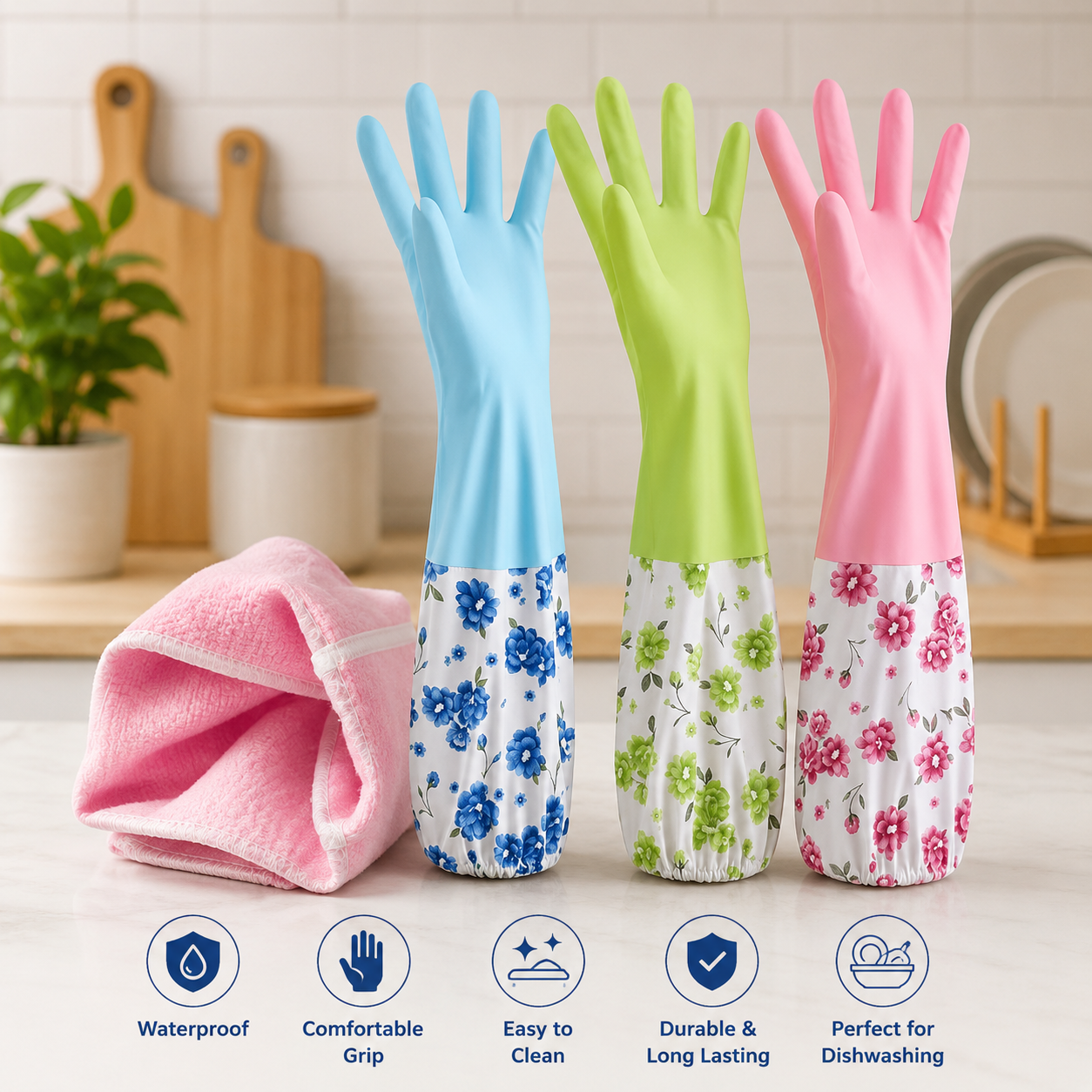 Premium Kitchen Hand Gloves – Waterproof Long Sleeve Dishwashing Gloves