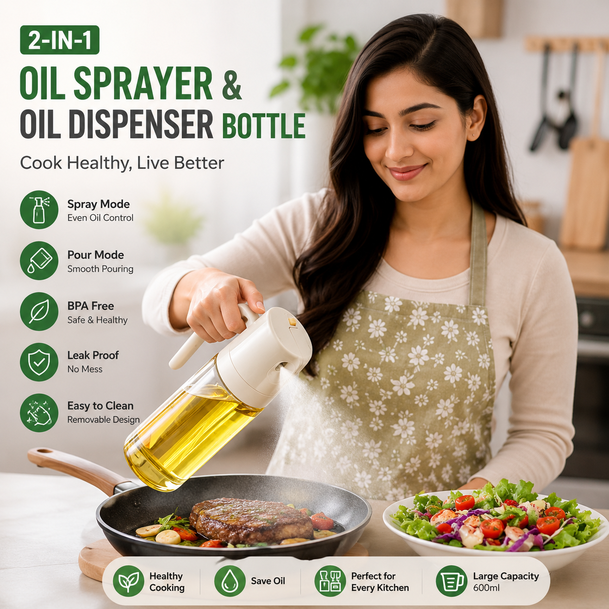 2-in-1 Oil Sprayer & Oil Dispenser Bottle – Glass Cooking Oil Bottle